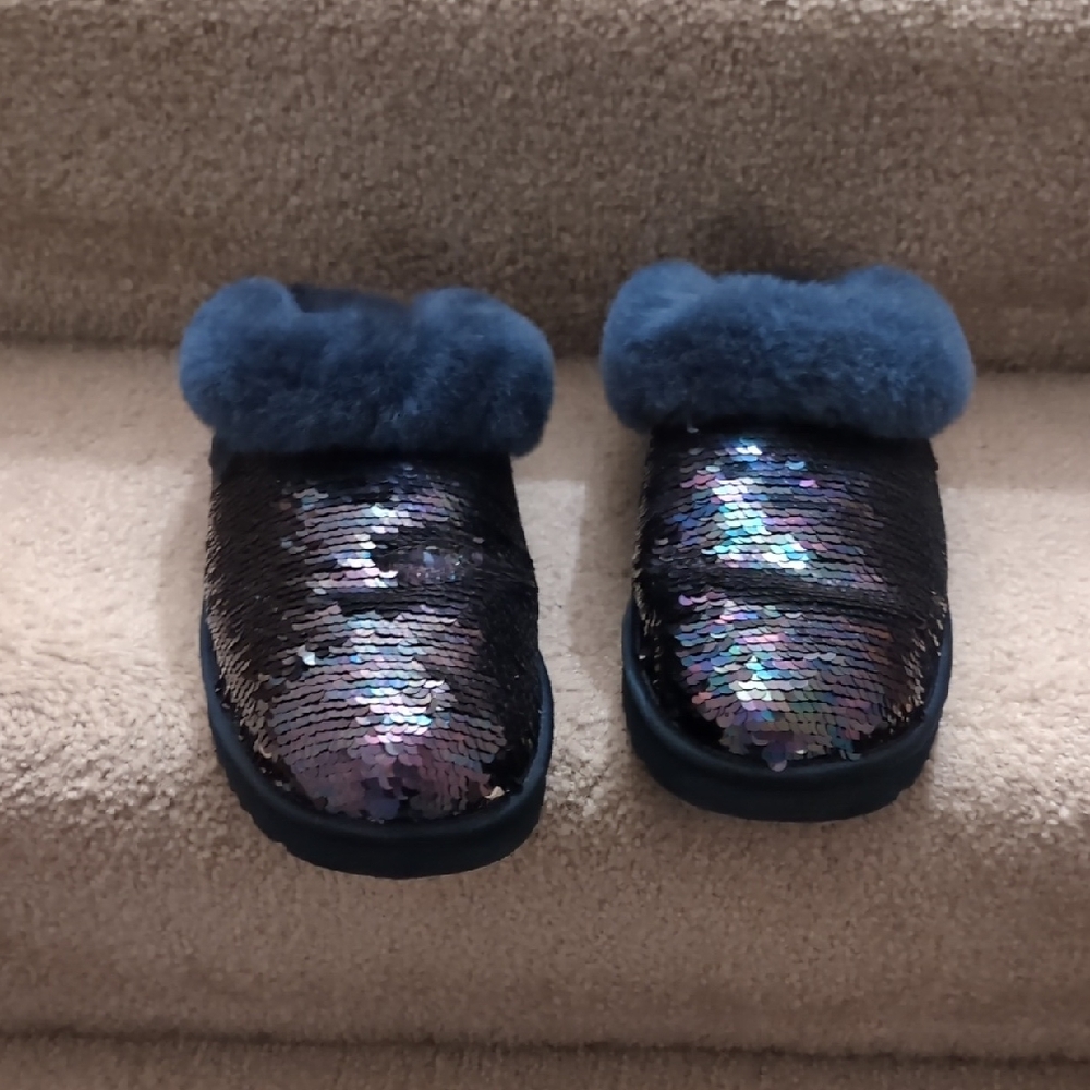 UGG Blue Fur Slippers with Sequin Detail